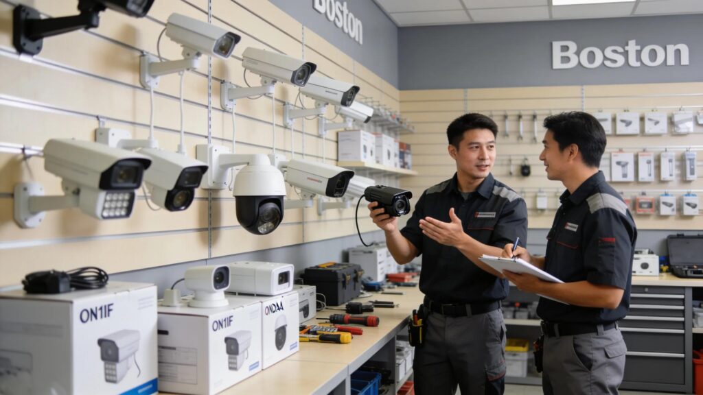 Technicians installing commercial CCTV systems in a Boston retail environment