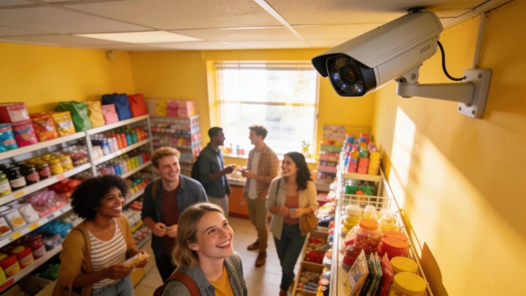 CCTV camera monitoring a busy small shop, enhancing security and customer experience
