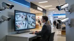 Small business owner monitoring advanced CCTV system in a secure office